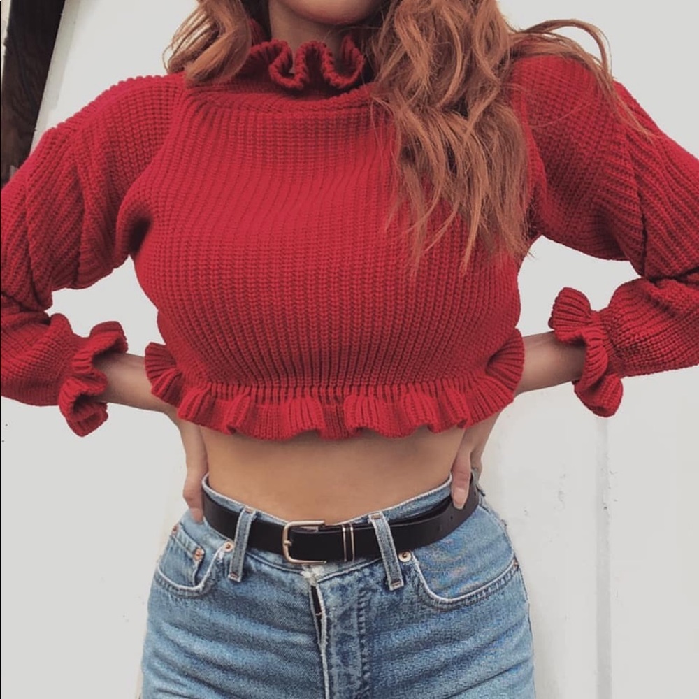Red ruffle cropped sweater